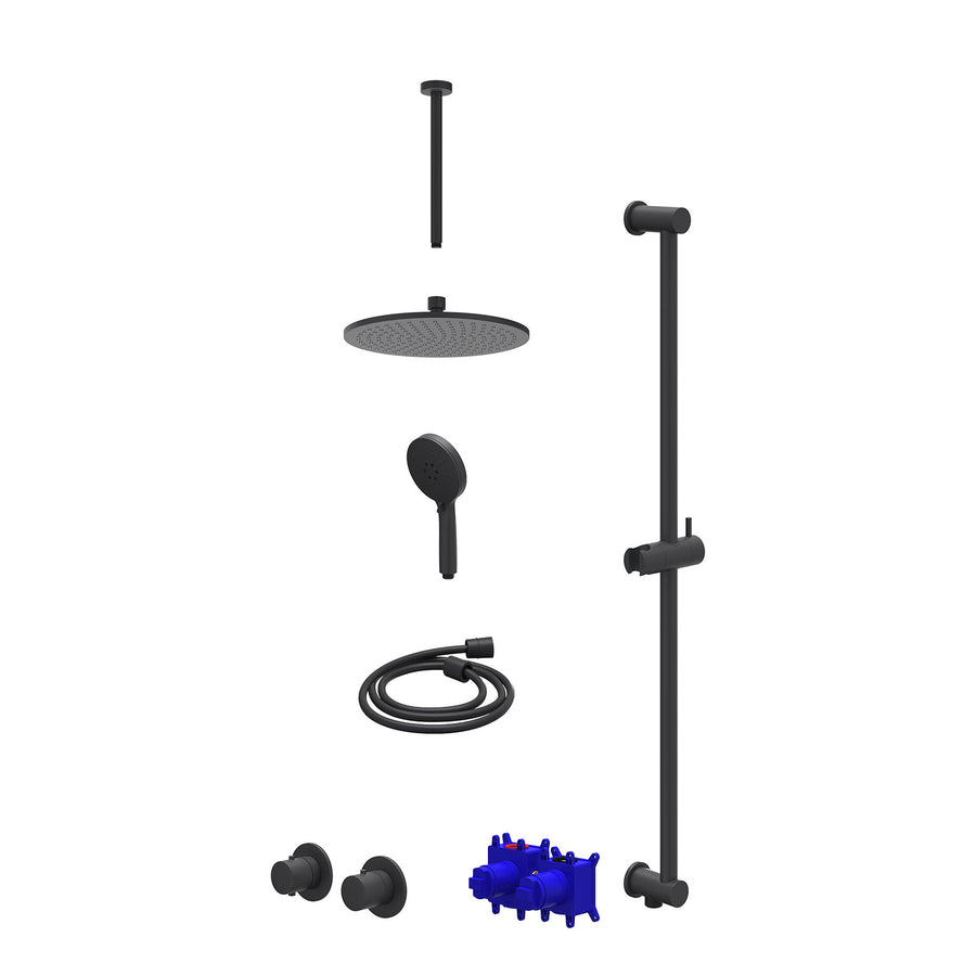 IVY Regendoucheset inbouwthermostaatkraan met 2-weg stop-omstel symmetry, 30cm plafondbuis, R25cmME, glijstang met uitlaat, doucheslang 150cm en 3-standen handdouche – Mat zwart PE