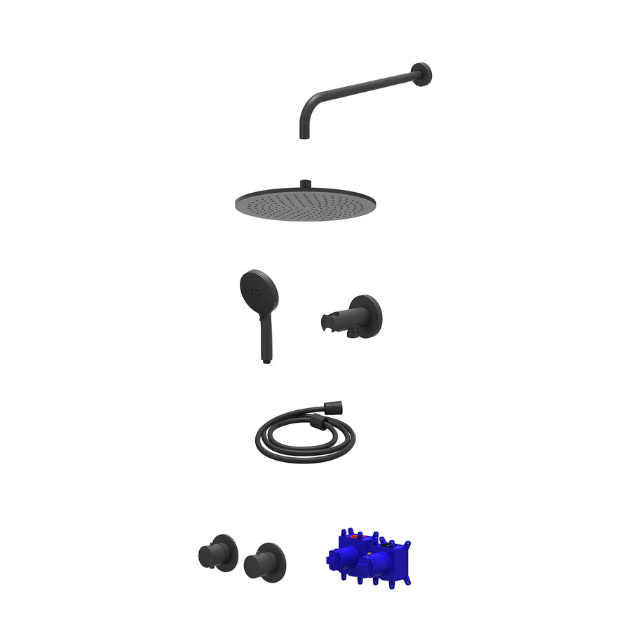 IVY Regendoucheset inbouwthermostaatkraan met 2-weg stop-omstel symmetry, 40cm wandarm, R30cmME, houder met uitlaat, doucheslang 150cm en 3-standen handdouche – Mat zwart PED