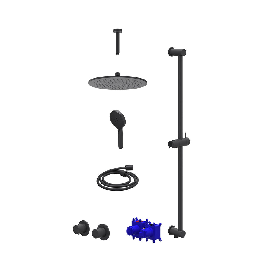 IVY Regendoucheset inbouwthermostaatkraan met 2-weg stop-omstel symmetry, 15cm plafondbuis, R30cmME, glijstang met uitlaat, doucheslang 150cm en 3-standen handdouche – Mat zwart PE