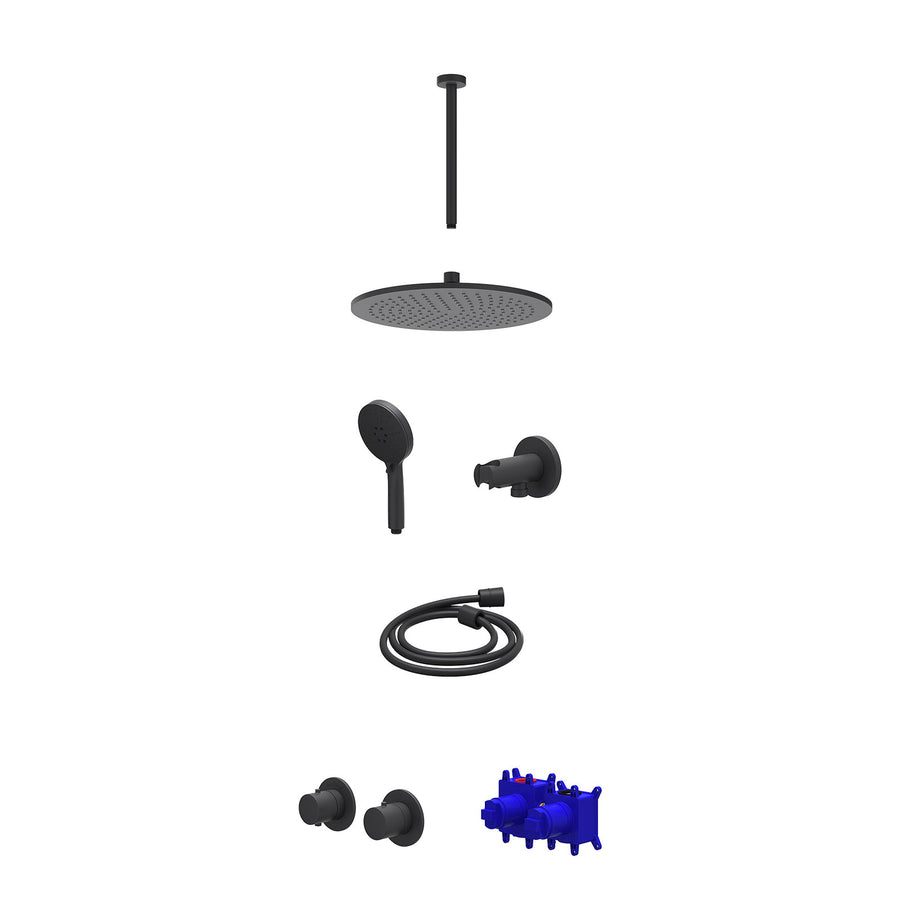 IVY Regendoucheset inbouwthermostaatkraan met 2-weg stop-omstel symmetry, 30cm plafondbuis, R30cmME, houder met uitlaat, doucheslang 150cm en 3-standen handdouche – Mat zwart PED