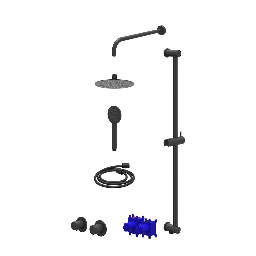 IVY Regendoucheset inbouwthermostaatkraan met 2-weg stop-omstel symmetry, 40cm wandarm, R20cmSL, glijstang met uitlaat, doucheslang 150cm en satin spray handdouche – Mat zwart PED