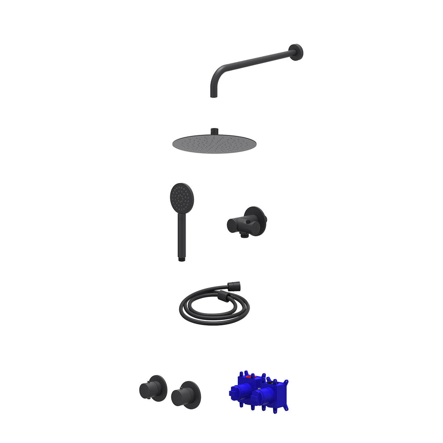 IVY Regendoucheset inbouwthermostaatkraan met 2-weg stop-omstel symmetry, 40cm wandarm, R25cmSL, verstelbare steun met geïnt. uitlaat, doucheslang 150cm en satin spray handdouche –