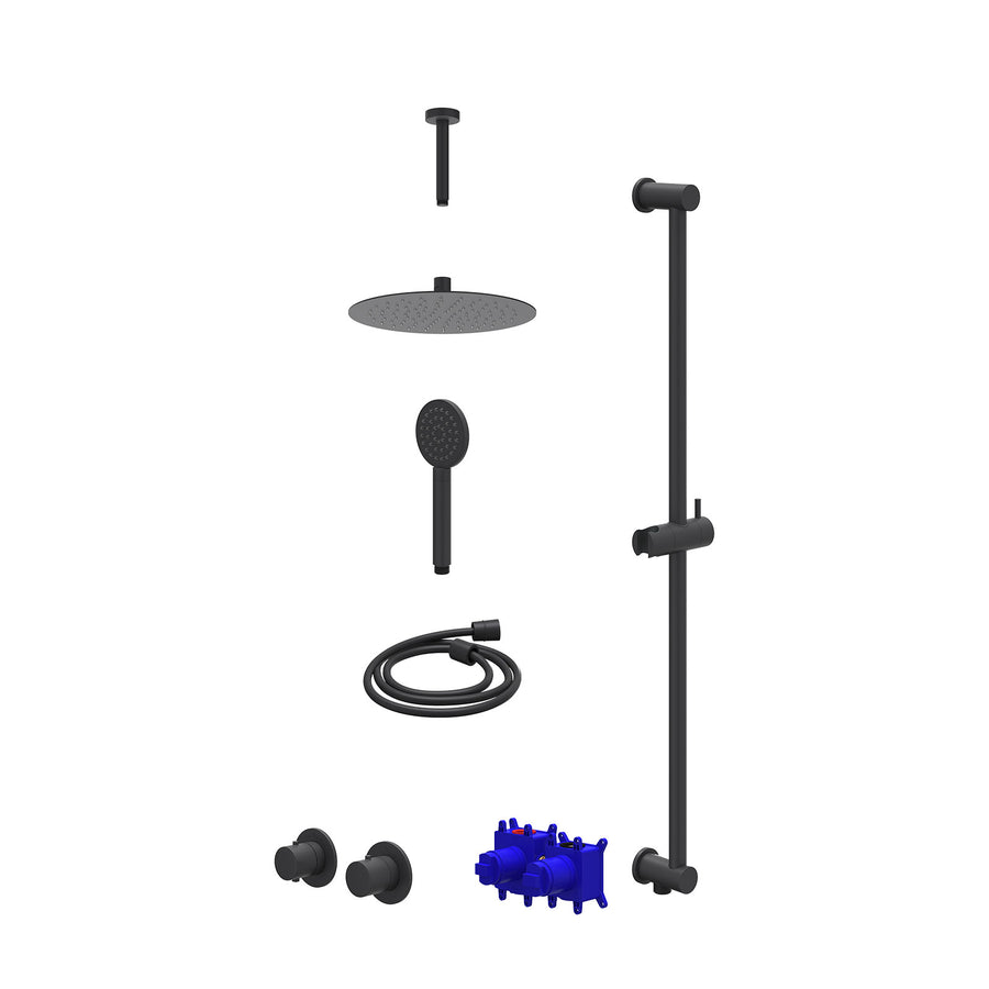 IVY Regendoucheset inbouwthermostaatkraan met 2-weg stop-omstel symmetry, 15cm plafondbuis, R25cmSL, glijstang met uitlaat, doucheslang 150cm en satin spray handdouche – Mat zwart 