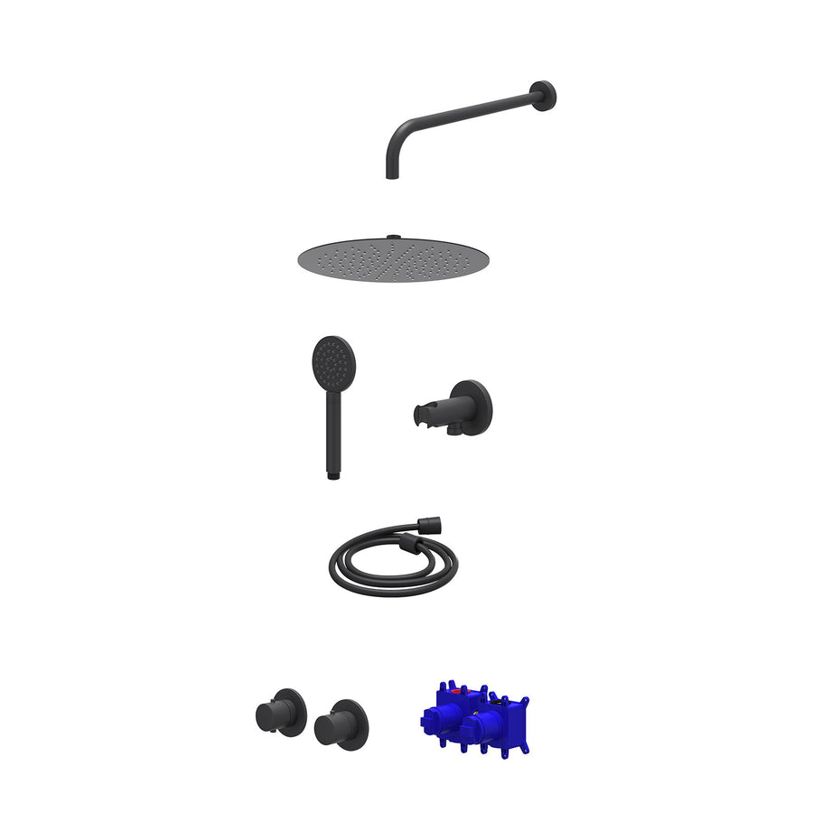 IVY Regendoucheset inbouwthermostaatkraan met 2-weg stop-omstel symmetry, 40cm wandarm, R30cmSL, houder met uitlaat, doucheslang 150cm en satin spray handdouche – Mat zwart PED