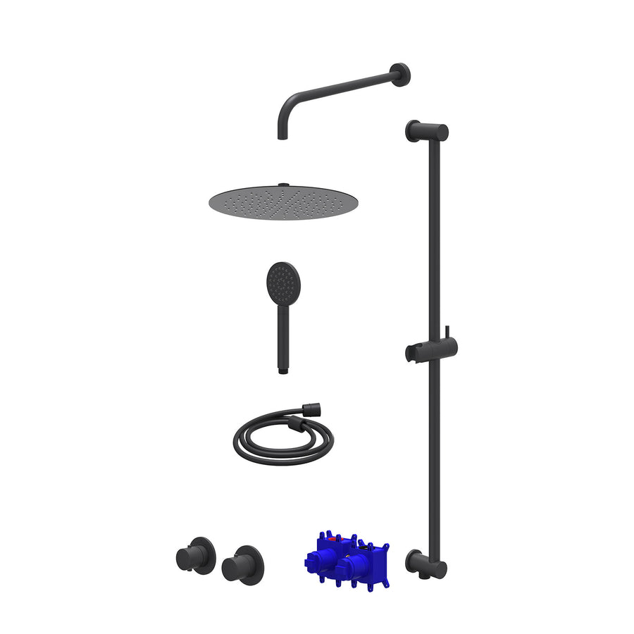 IVY Regendoucheset inbouwthermostaatkraan met 2-weg stop-omstel symmetry, 40cm wandarm, R30cmSL, glijstang met uitlaat, doucheslang 150cm en satin spray handdouche – Mat zwart PED