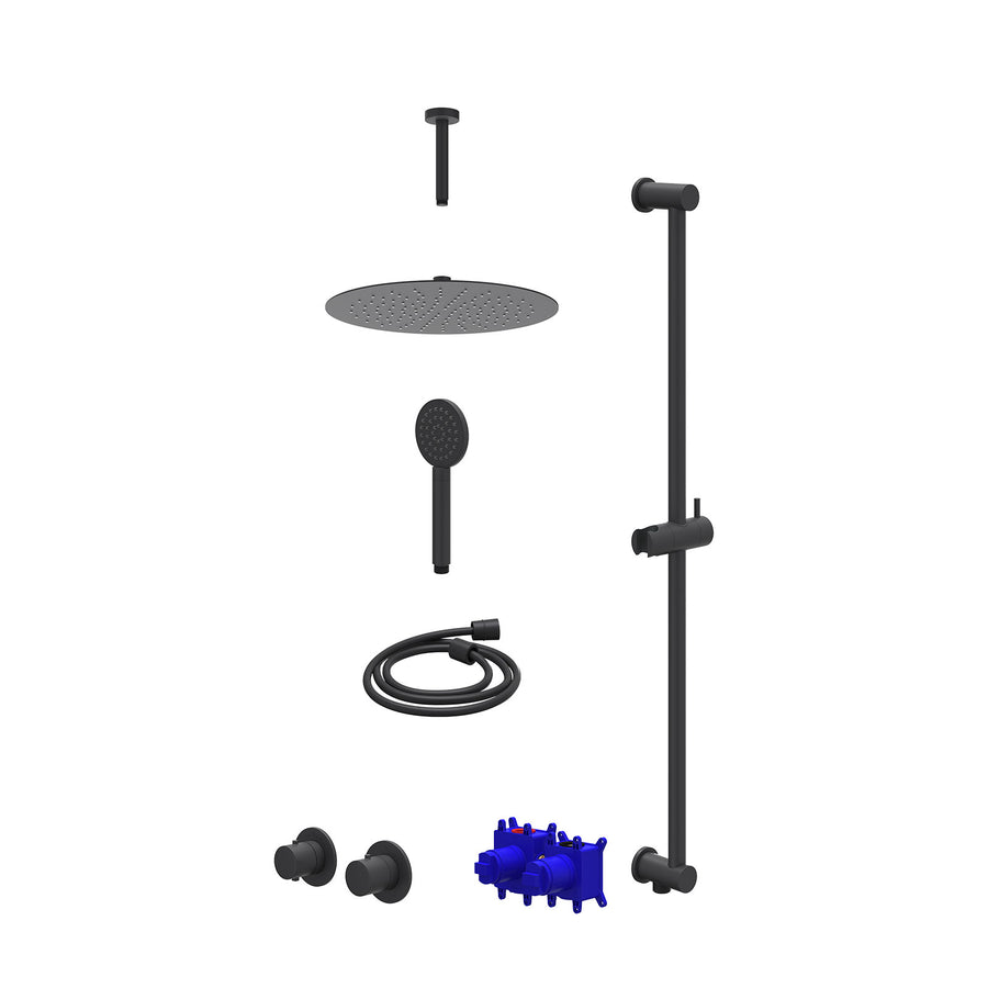 IVY Regendoucheset inbouwthermostaatkraan met 2-weg stop-omstel symmetry, 15cm plafondbuis, R30cmSL, glijstang met uitlaat, doucheslang 150cm en satin spray handdouche – Mat zwart 