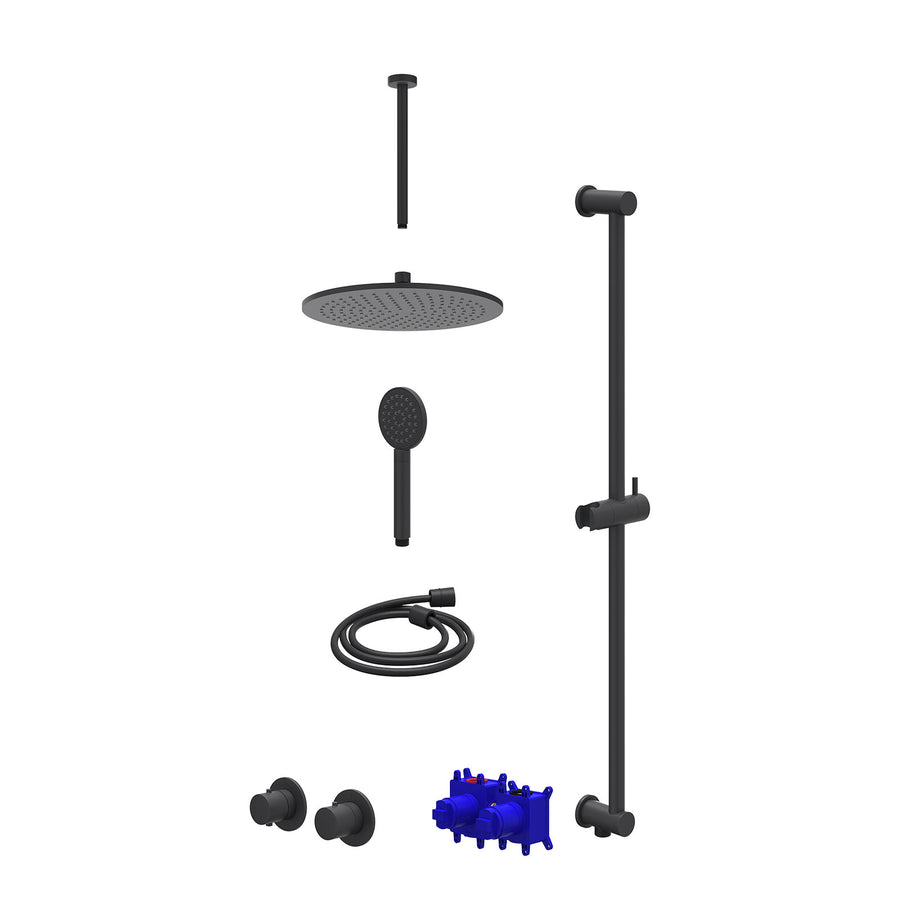 IVY Regendoucheset inbouwthermostaatkraan met 2-weg stop-omstel symmetry, 30cm plafondbuis, R30cmME, glijstang met uitlaat, doucheslang 150cm en satin spray handdouche – Mat zwart 