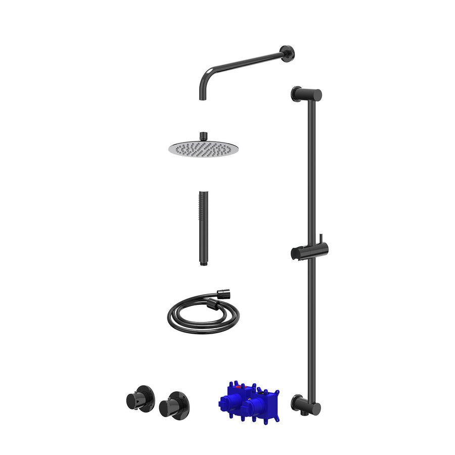 IVY Regendoucheset inbouwthermostaatkraan met 2-weg stop-omstel symmetry, 40cm wandarm, R20cmSL, glijstang met uitlaat, doucheslang 150cm en staafmodel – Zwart chroom PVD