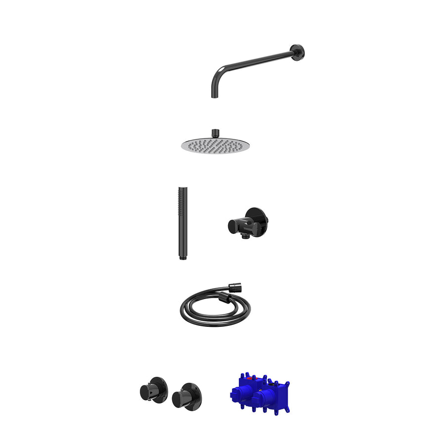 IVY Regendoucheset inbouwthermostaatkraan met 2-weg stop-omstel symmetry, 40cm wandarm, R20cmSL, verstelbare steun met geïnt. uitlaat, doucheslang 150cm en staafmodel – Zwart chroo