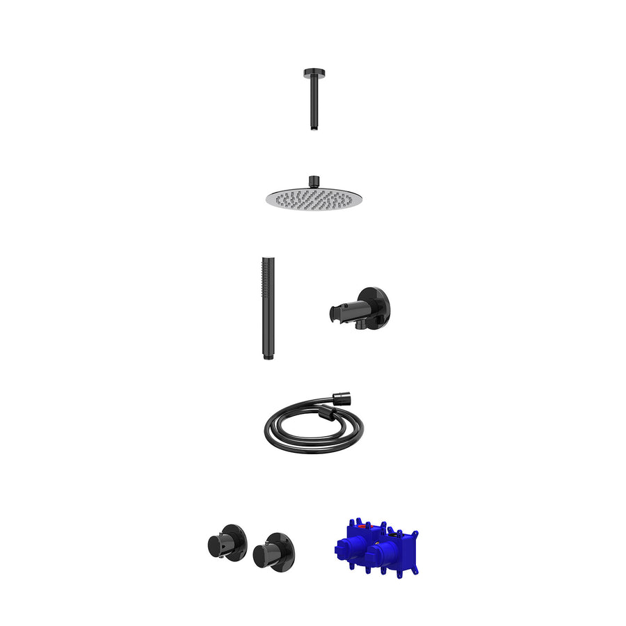 IVY Regendoucheset inbouwthermostaatkraan met 2-weg stop-omstel symmetry, 15cm plafondbuis, R20cmSL, houder met uitlaat, doucheslang 150cm en staafmodel – Zwart chroom PVD