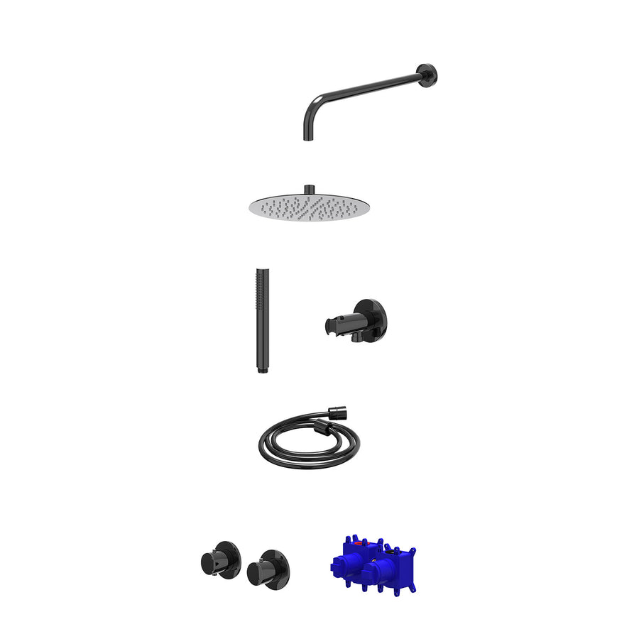 IVY Regendoucheset inbouwthermostaatkraan met 2-weg stop-omstel symmetry, 40cm wandarm, R25cmSL, houder met uitlaat, doucheslang 150cm en staafmodel – Zwart chroom PVD