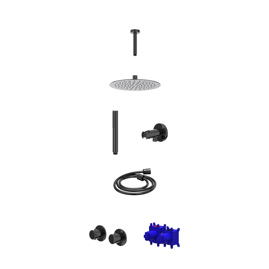 IVY Regendoucheset inbouwthermostaatkraan met 2-weg stop-omstel symmetry, 15cm plafondbuis, R25cmSL, houder met uitlaat, doucheslang 150cm en staafmodel – Zwart chroom PVD