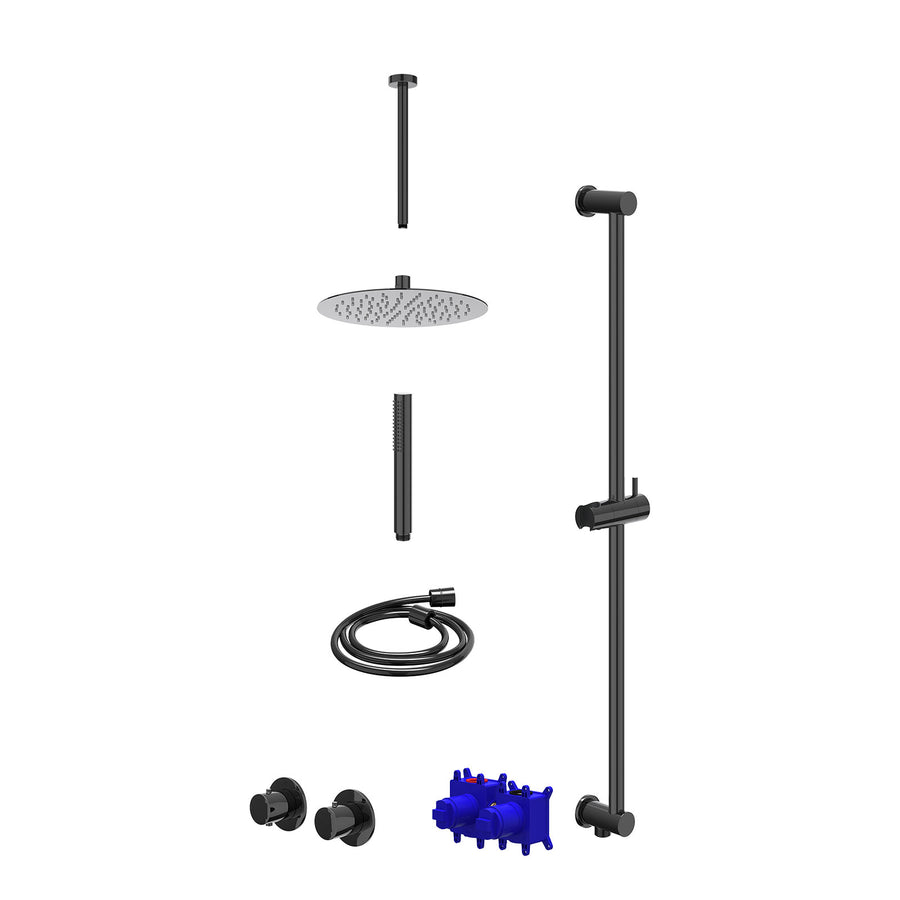 IVY Regendoucheset inbouwthermostaatkraan met 2-weg stop-omstel symmetry, 30cm plafondbuis, R25cmSL, glijstang met uitlaat, doucheslang 150cm en staafmodel – Zwart chroom PVD