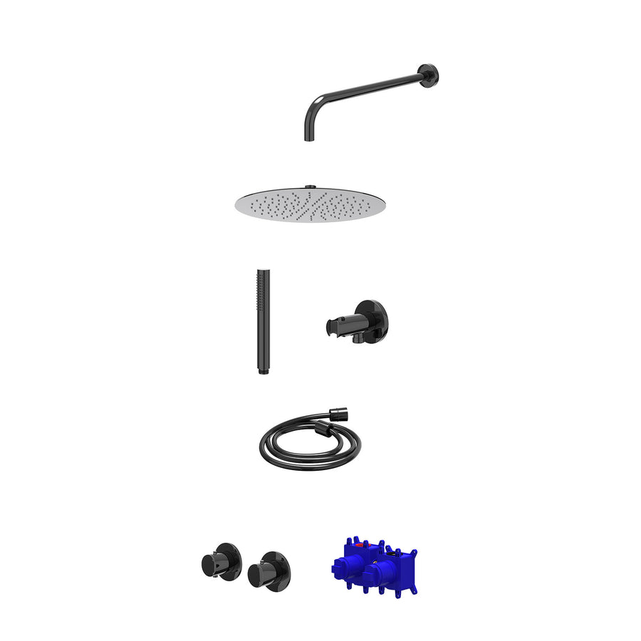 IVY Regendoucheset inbouwthermostaatkraan met 2-weg stop-omstel symmetry, 40cm wandarm, R30cmSL, houder met uitlaat, doucheslang 150cm en staafmodel – Zwart chroom PVD