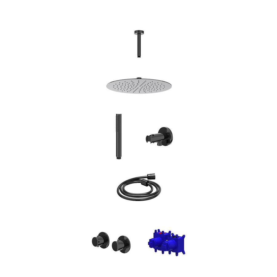 IVY Regendoucheset inbouwthermostaatkraan met 2-weg stop-omstel symmetry, 15cm plafondbuis, R30cmSL, houder met uitlaat, doucheslang 150cm en staafmodel – Zwart chroom PVD