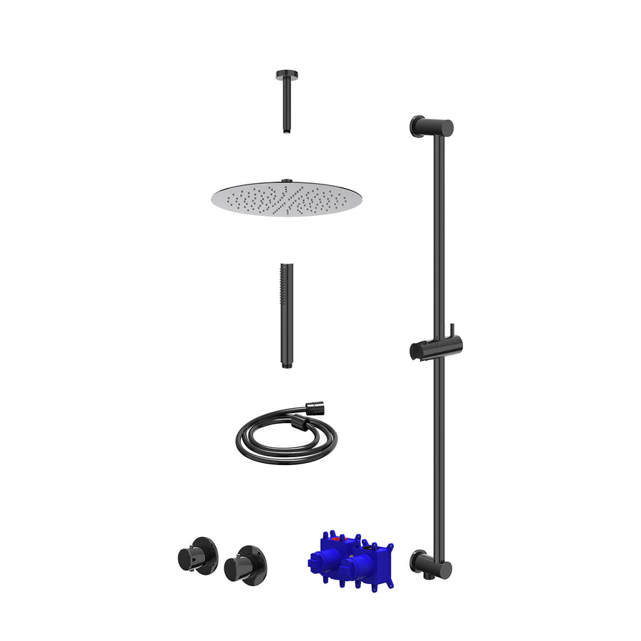IVY Regendoucheset inbouwthermostaatkraan met 2-weg stop-omstel symmetry, 15cm plafondbuis, R30cmSL, glijstang met uitlaat, doucheslang 150cm en staafmodel – Zwart chroom PVD