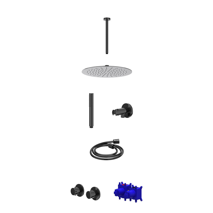 IVY Regendoucheset inbouwthermostaatkraan met 2-weg stop-omstel symmetry, 30cm plafondbuis, R30cmSL, houder met uitlaat, doucheslang 150cm en staafmodel – Zwart chroom PVD