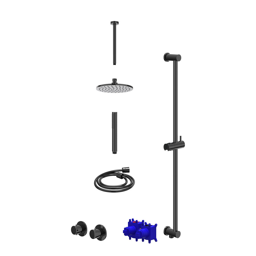 IVY Regendoucheset inbouwthermostaatkraan met 2-weg stop-omstel symmetry, 30cm plafondbuis, R20cmME, glijstang met uitlaat, doucheslang 150cm en staafmodel – Zwart chroom PVD