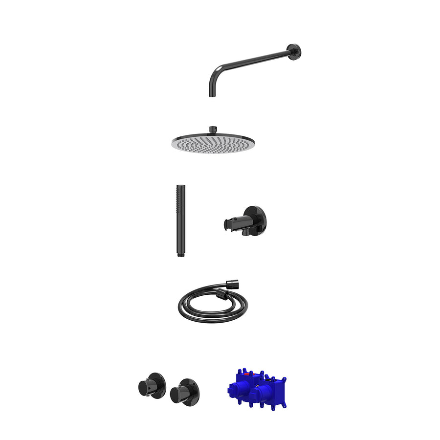 IVY Regendoucheset inbouwthermostaatkraan met 2-weg stop-omstel symmetry, 40cm wandarm, R25cmME, houder met uitlaat, doucheslang 150cm en staafmodel – Zwart chroom PVD