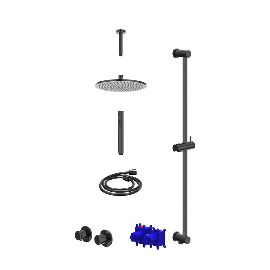 IVY Regendoucheset inbouwthermostaatkraan met 2-weg stop-omstel symmetry, 15cm plafondbuis, R25cmME, glijstang met uitlaat, doucheslang 150cm en staafmodel – Zwart chroom PVD