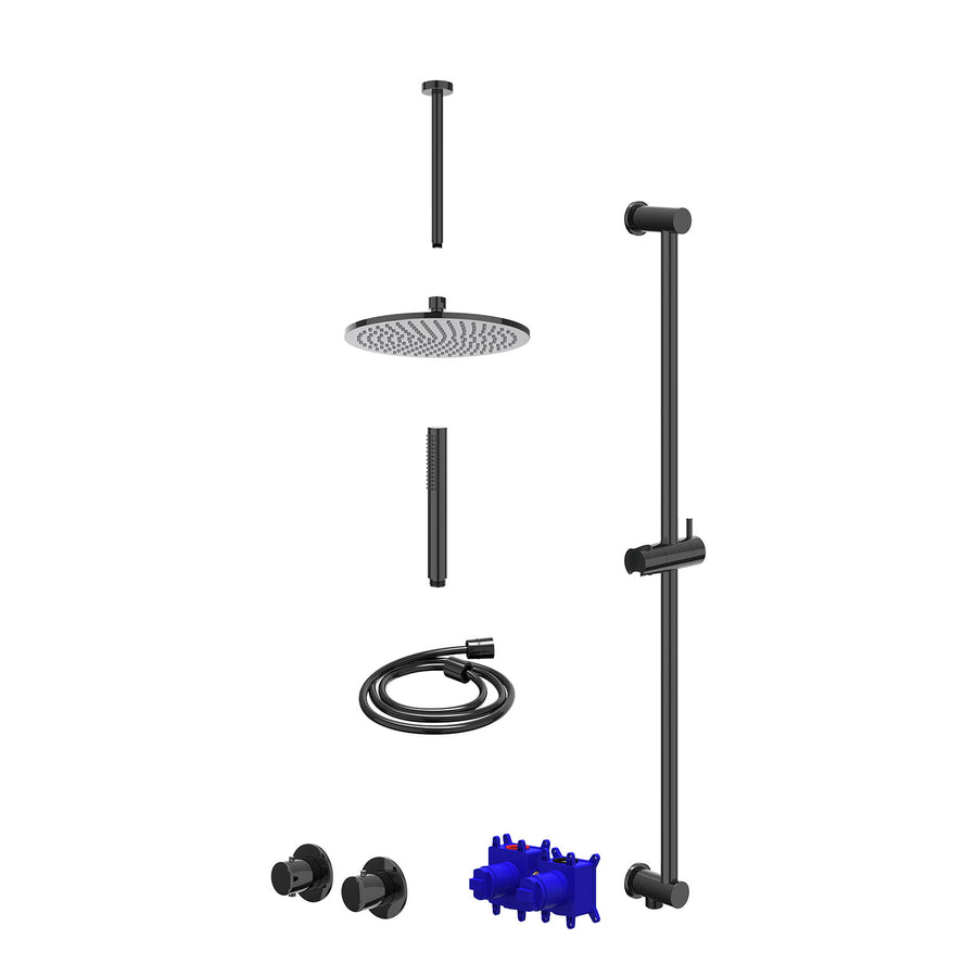 IVY Regendoucheset inbouwthermostaatkraan met 2-weg stop-omstel symmetry, 30cm plafondbuis, R25cmME, glijstang met uitlaat, doucheslang 150cm en staafmodel – Zwart chroom PVD