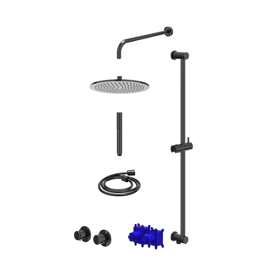 IVY Regendoucheset inbouwthermostaatkraan met 2-weg stop-omstel symmetry, 40cm wandarm, R30cmME, glijstang met uitlaat, doucheslang 150cm en staafmodel – Zwart chroom PVD