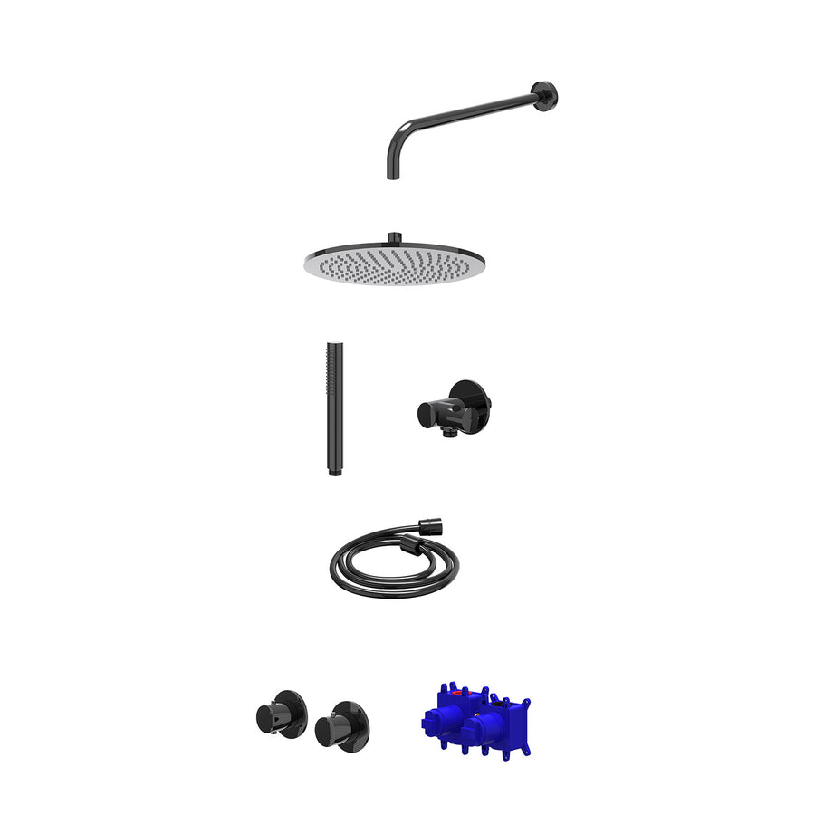 IVY Regendoucheset inbouwthermostaatkraan met 2-weg stop-omstel symmetry, 40cm wandarm, R30cmME, verstelbare steun met geïnt. uitlaat, doucheslang 150cm en staafmodel – Zwart chroo