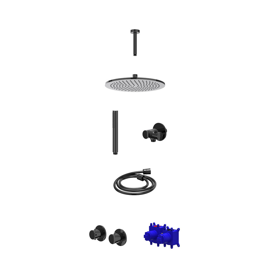 IVY Regendoucheset inbouwthermostaatkraan met 2-weg stop-omstel symmetry, 15cm plafondbuis, R30cmME, verstelbare steun met geïnt. uitlaat, doucheslang 150cm en staafmodel – Zwart c