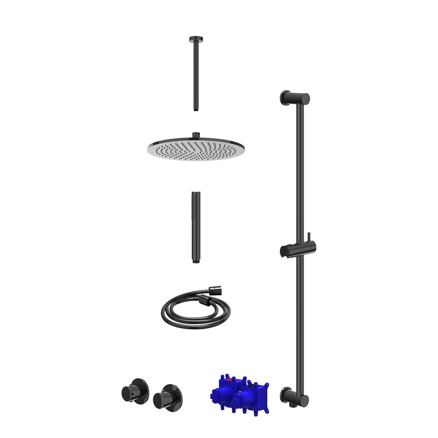IVY Regendoucheset inbouwthermostaatkraan met 2-weg stop-omstel symmetry, 30cm plafondbuis, R30cmME, glijstang met uitlaat, doucheslang 150cm en staafmodel – Zwart chroom PVD