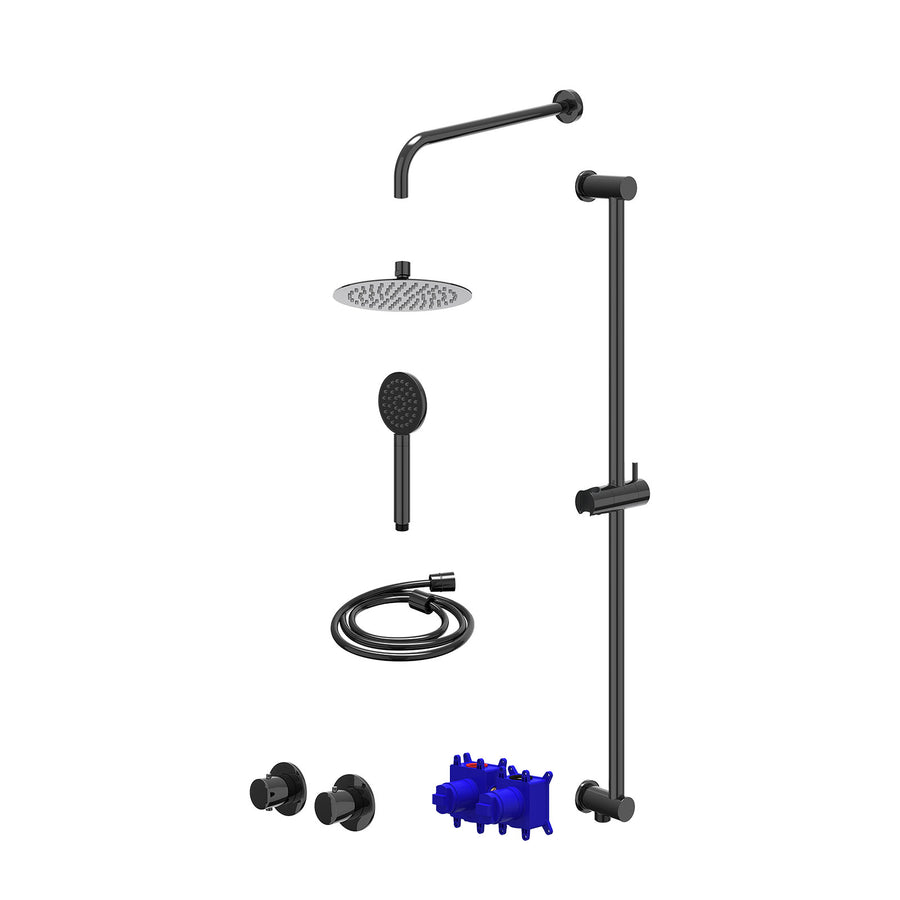 IVY Regendoucheset inbouwthermostaatkraan met 2-weg stop-omstel symmetry, 40cm wandarm, R20cmSL, glijstang met uitlaat, doucheslang 150cm en satin spray handdouche – Zwart chroom P