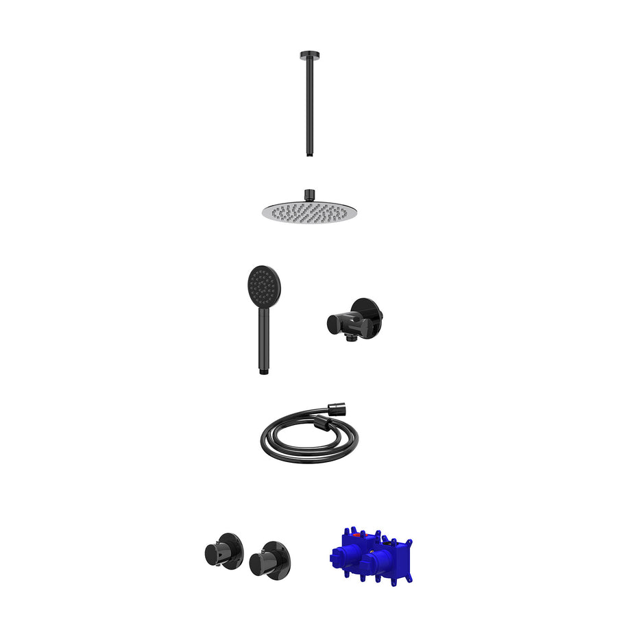 IVY Regendoucheset inbouwthermostaatkraan met 2-weg stop-omstel symmetry, 30cm plafondbuis, R20cmSL, verstelbare steun met geïnt. uitlaat, doucheslang 150cm en satin spray handdouc