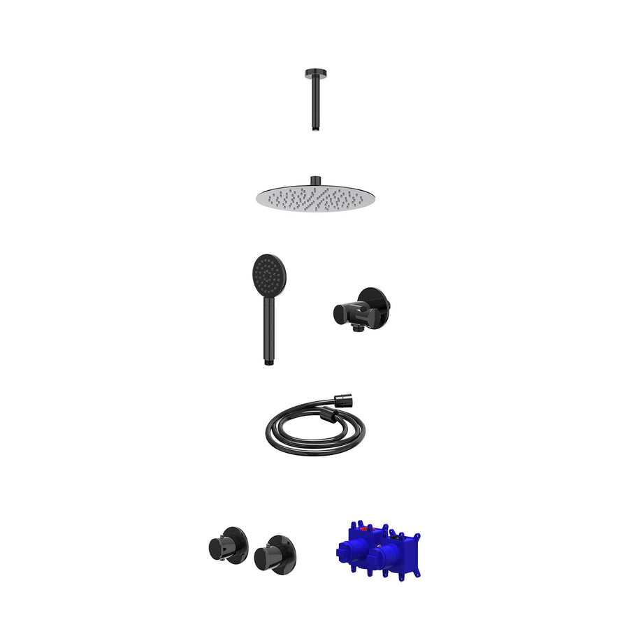 IVY Regendoucheset inbouwthermostaatkraan met 2-weg stop-omstel symmetry, 15cm plafondbuis, R25cmSL, verstelbare steun met geïnt. uitlaat, doucheslang 150cm en satin spray handdouc