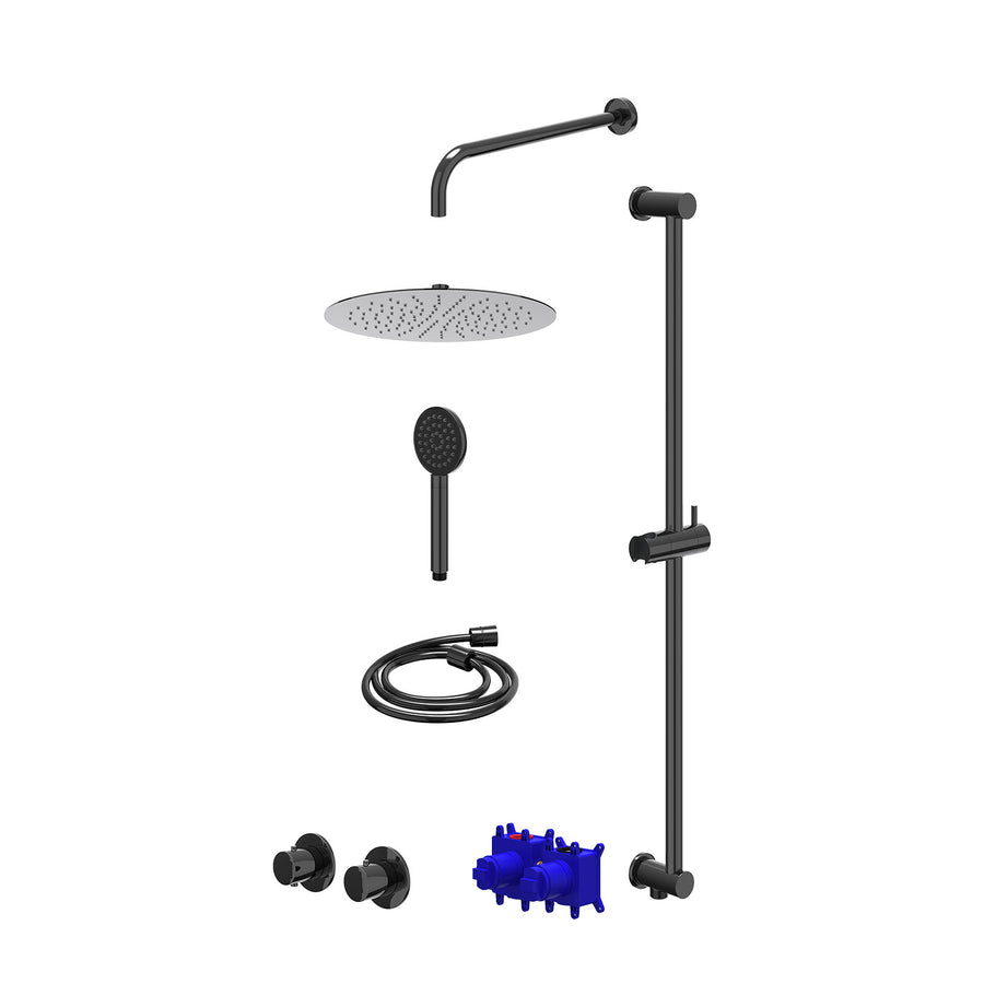 IVY Regendoucheset inbouwthermostaatkraan met 2-weg stop-omstel symmetry, 40cm wandarm, R30cmSL, glijstang met uitlaat, doucheslang 150cm en satin spray handdouche – Zwart chroom P
