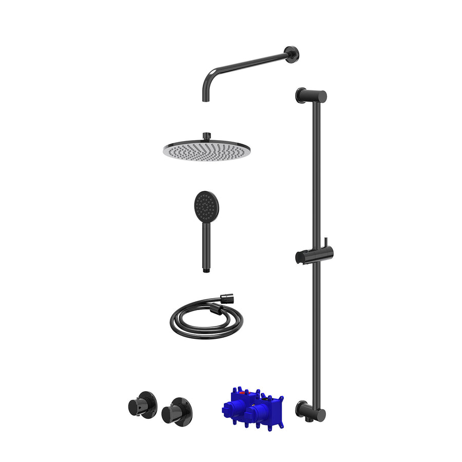 IVY Regendoucheset inbouwthermostaatkraan met 2-weg stop-omstel symmetry, 40cm wandarm, R25cmME, glijstang met uitlaat, doucheslang 150cm en satin spray handdouche – Zwart chroom P
