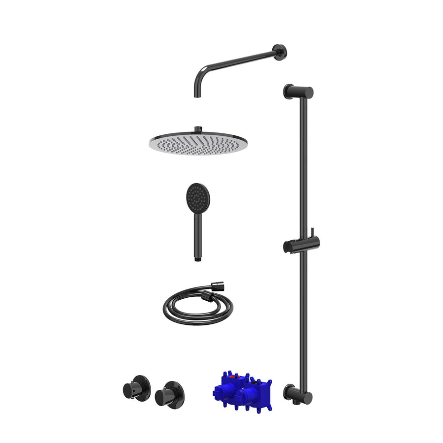 IVY Regendoucheset inbouwthermostaatkraan met 2-weg stop-omstel symmetry, 40cm wandarm, R30cmME, glijstang met uitlaat, doucheslang 150cm en satin spray handdouche – Zwart chroom P