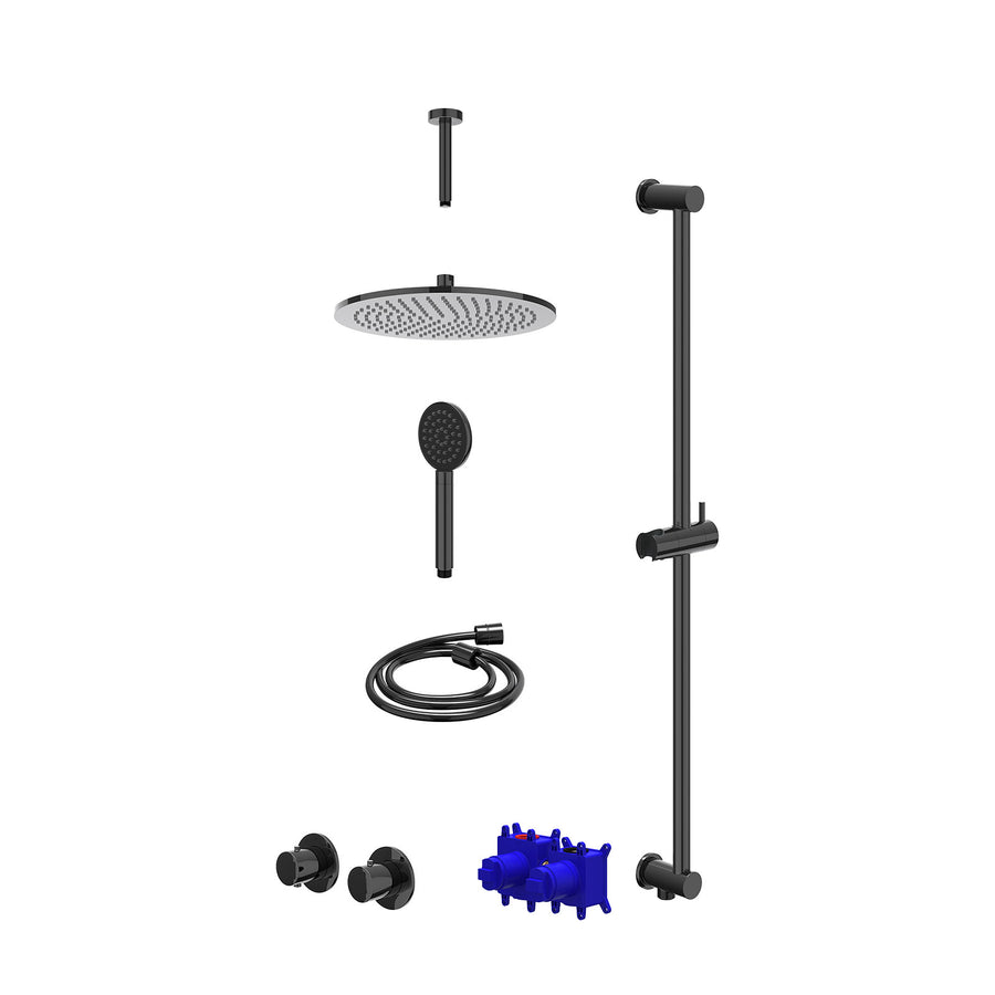 IVY Regendoucheset inbouwthermostaatkraan met 2-weg stop-omstel symmetry, 15cm plafondbuis, R30cmME, glijstang met uitlaat, doucheslang 150cm en satin spray handdouche – Zwart chro