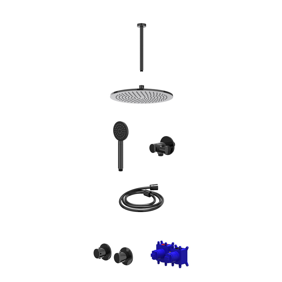 IVY Regendoucheset inbouwthermostaatkraan met 2-weg stop-omstel symmetry, 30cm plafondbuis, R30cmME, verstelbare steun met geïnt. uitlaat, doucheslang 150cm en satin spray handdouc