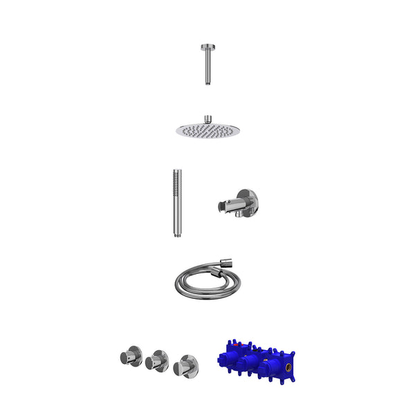 Regendoucheset inbouwthermostaatkraan met 2 vaste stopkranen symmetry, plafondbuis 15cm, R20cmSL, houder met uitlaat, doucheslang 150cm en staafmodel