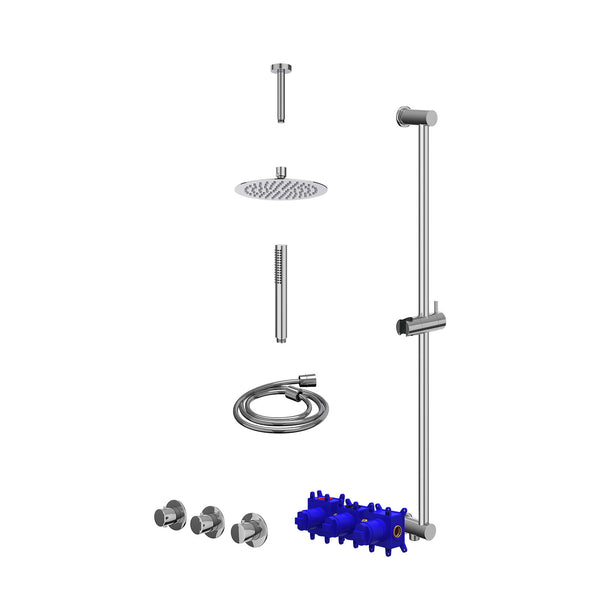 Regendoucheset inbouwthermostaatkraan met 2 vaste stopkranen symmetry, plafondbuis 15cm, R20cmSL, glijstang met uitlaat, doucheslang 150cm en staafmodel