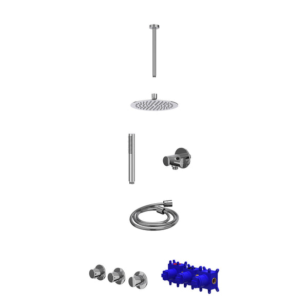 Regendoucheset inbouwthermostaatkraan met 2 vaste stopkranen symmetry, plafondbuis 30cm, R20cmSL, verstelbare steun met geïnt. uitlaat, doucheslang 150cm en staafmodel