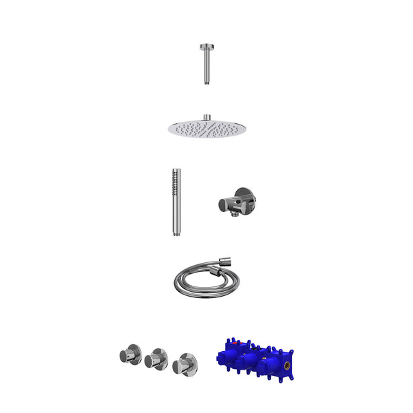 Regendoucheset inbouwthermostaatkraan met 2 vaste stopkranen symmetry, plafondbuis 15cm, R25cmSL, verstelbare steun met geïnt. uitlaat, doucheslang 150cm en staafmodel
