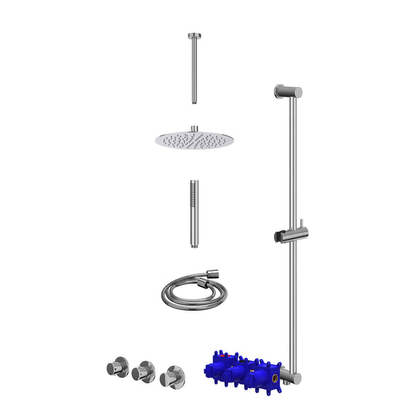 Regendoucheset inbouwthermostaatkraan met 2 vaste stopkranen symmetry, plafondbuis 30cm, R25cmSL, glijstang met uitlaat, doucheslang 150cm en staafmodel