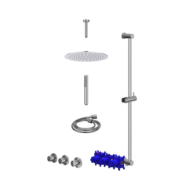 Regendoucheset inbouwthermostaatkraan met 2 vaste stopkranen symmetry, plafondbuis 15cm, R30cmSL, glijstang met uitlaat, doucheslang 150cm en staafmodel