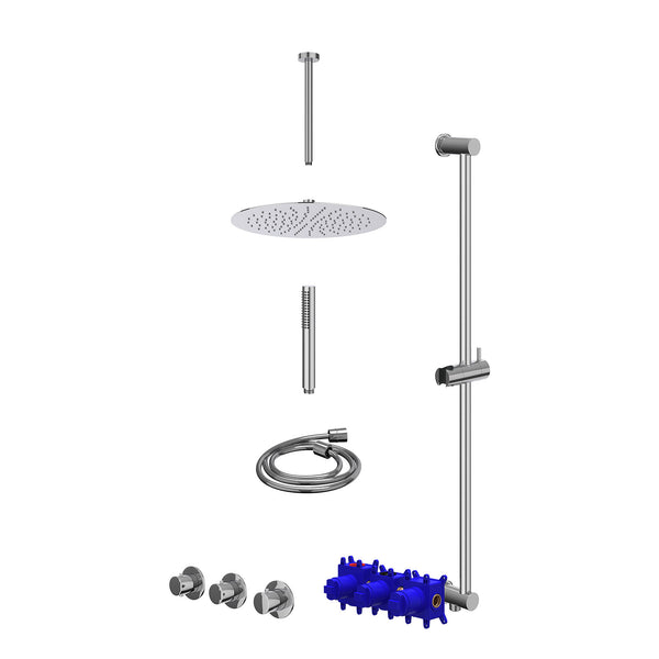 Regendoucheset inbouwthermostaatkraan met 2 vaste stopkranen symmetry, plafondbuis 30cm, R30cmSL, glijstang met uitlaat, doucheslang 150cm en staafmodel
