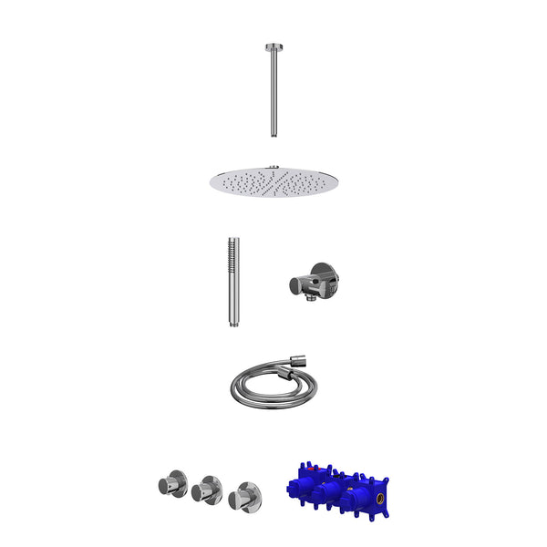 Regendoucheset inbouwthermostaatkraan met 2 vaste stopkranen symmetry, plafondbuis 30cm, R30cmSL, verstelbare steun met geïnt. uitlaat, doucheslang 150cm en staafmodel