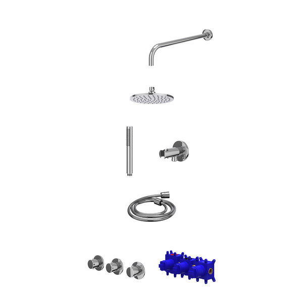 Regendoucheset inbouwthermostaatkraan met 2 vaste stopkranen symmetry, wandarm, R20cmME, houder met uitlaat, doucheslang 150cm en staafmodel
