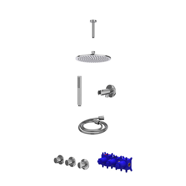 Regendoucheset inbouwthermostaatkraan met 2 vaste stopkranen symmetry, plafondbuis 15cm, R25cmME, houder met uitlaat, doucheslang 150cm en staafmodel