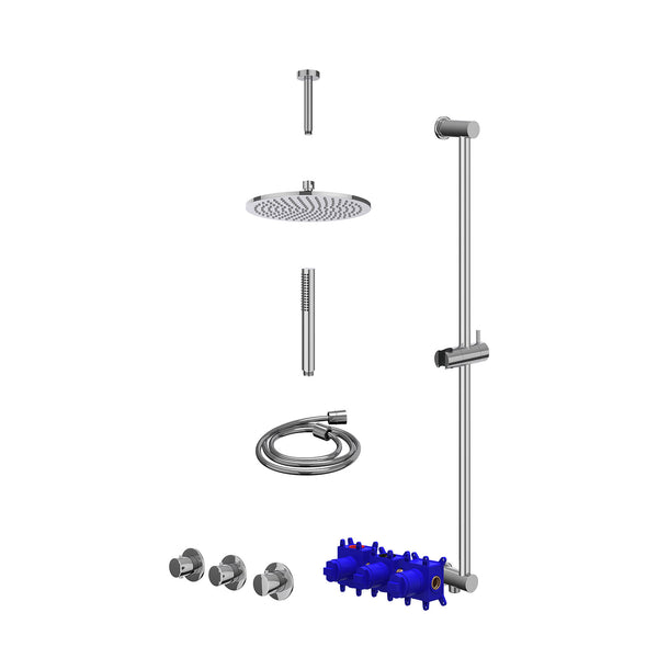 Regendoucheset inbouwthermostaatkraan met 2 vaste stopkranen symmetry, plafondbuis 15cm, R25cmME, glijstang met uitlaat, doucheslang 150cm en staafmodel