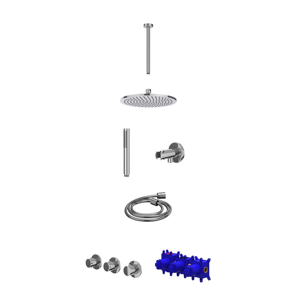 Regendoucheset inbouwthermostaatkraan met 2 vaste stopkranen symmetry, plafondbuis 30cm, R25cmME, houder met uitlaat, doucheslang 150cm en staafmodel
