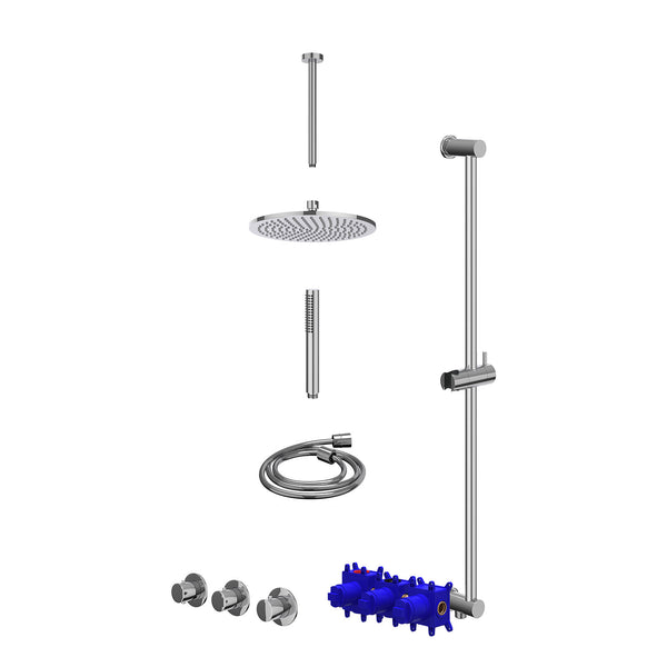 Regendoucheset inbouwthermostaatkraan met 2 vaste stopkranen symmetry, plafondbuis 30cm, R25cmME, glijstang met uitlaat, doucheslang 150cm en staafmodel